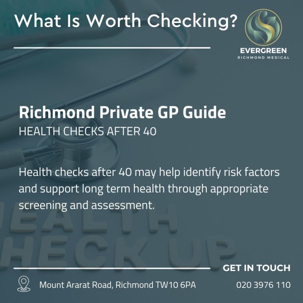 Health checks after 40 including blood pressure, cholesterol, cardiovascular health and preventive screening